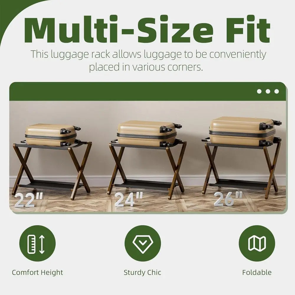 Set of 2 Folding Bamboo Suitcase Racks with Storage Shelf, Premium Holder for Home, Hotel, Holds up to 135 lbs