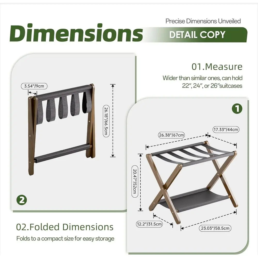 Set of 2 Folding Bamboo Suitcase Racks with Storage Shelf, Premium Holder for Home, Hotel, Holds up to 135 lbs