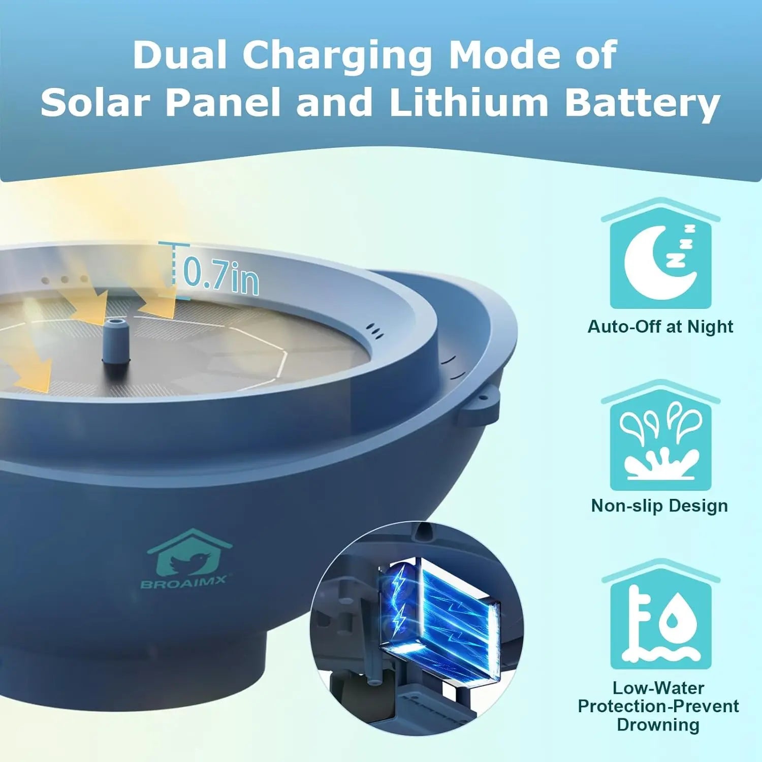 Solar Bird Bath Fountain with 3 Nozzles, Auto Low-Water Protection, Deep Blue - Garden Gift