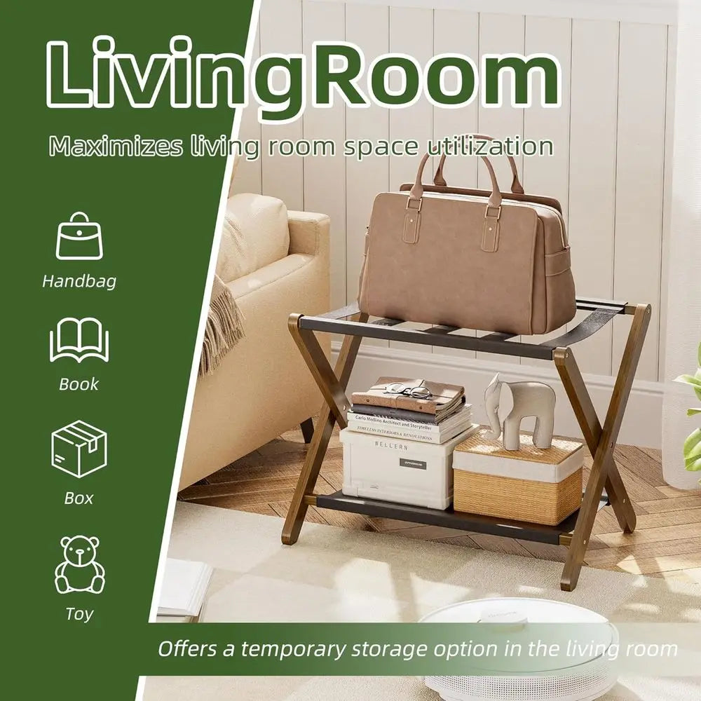 Set of 2 Folding Bamboo Suitcase Racks with Storage Shelf, Premium Holder for Home, Hotel, Holds up to 135 lbs