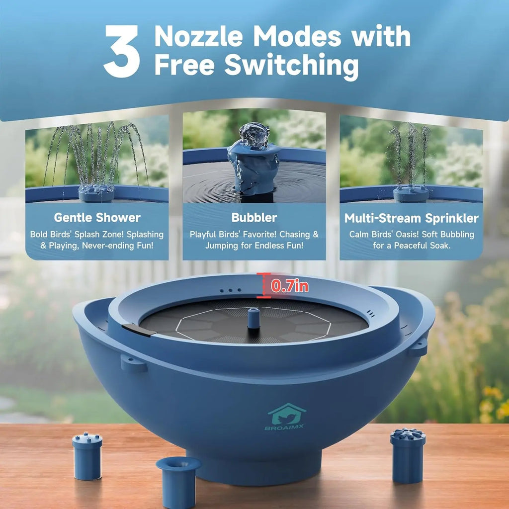 Solar Bird Bath Fountain with 3 Nozzles, Auto Low-Water Protection, Deep Blue - Garden Gift