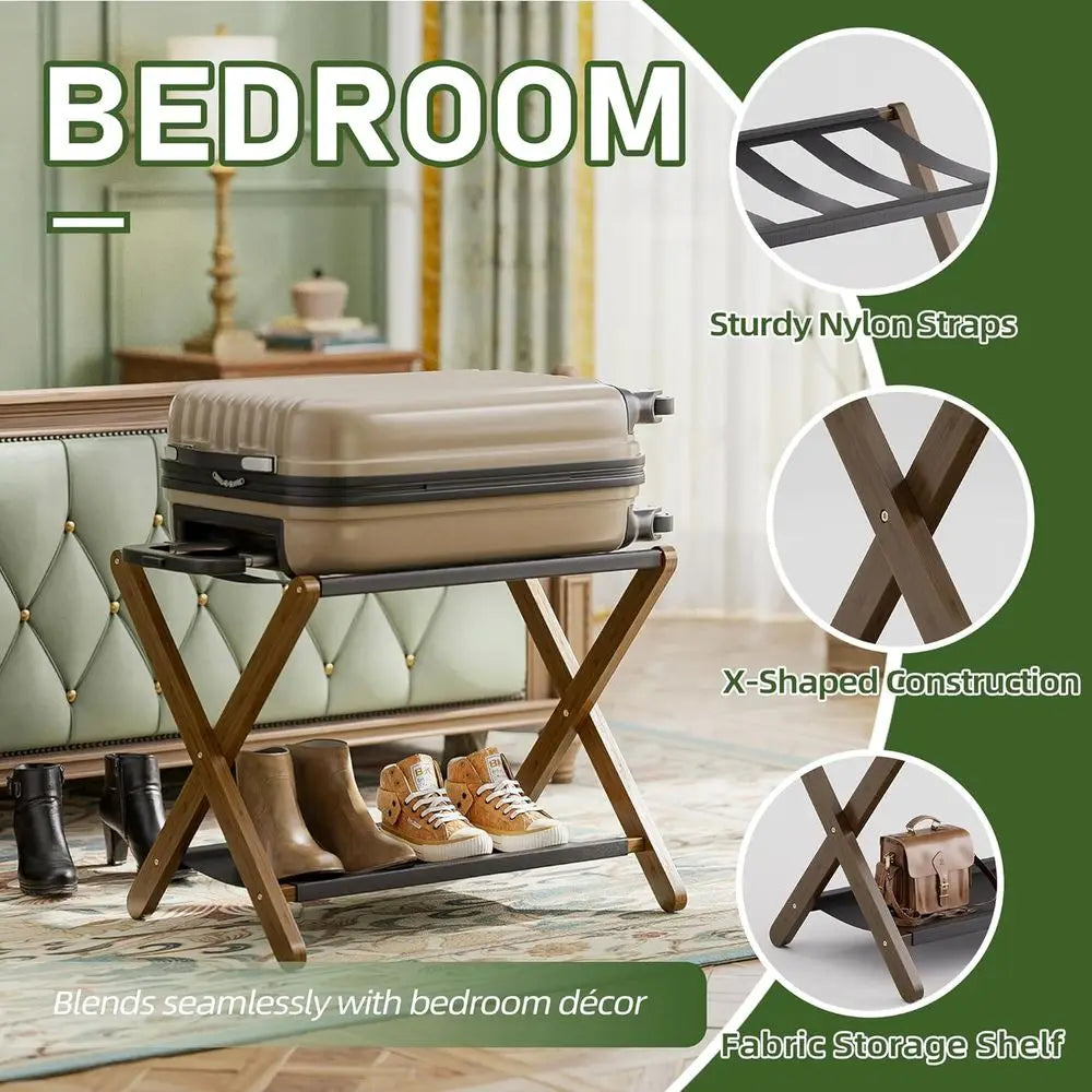 Set of 2 Folding Bamboo Suitcase Racks with Storage Shelf, Premium Holder for Home, Hotel, Holds up to 135 lbs