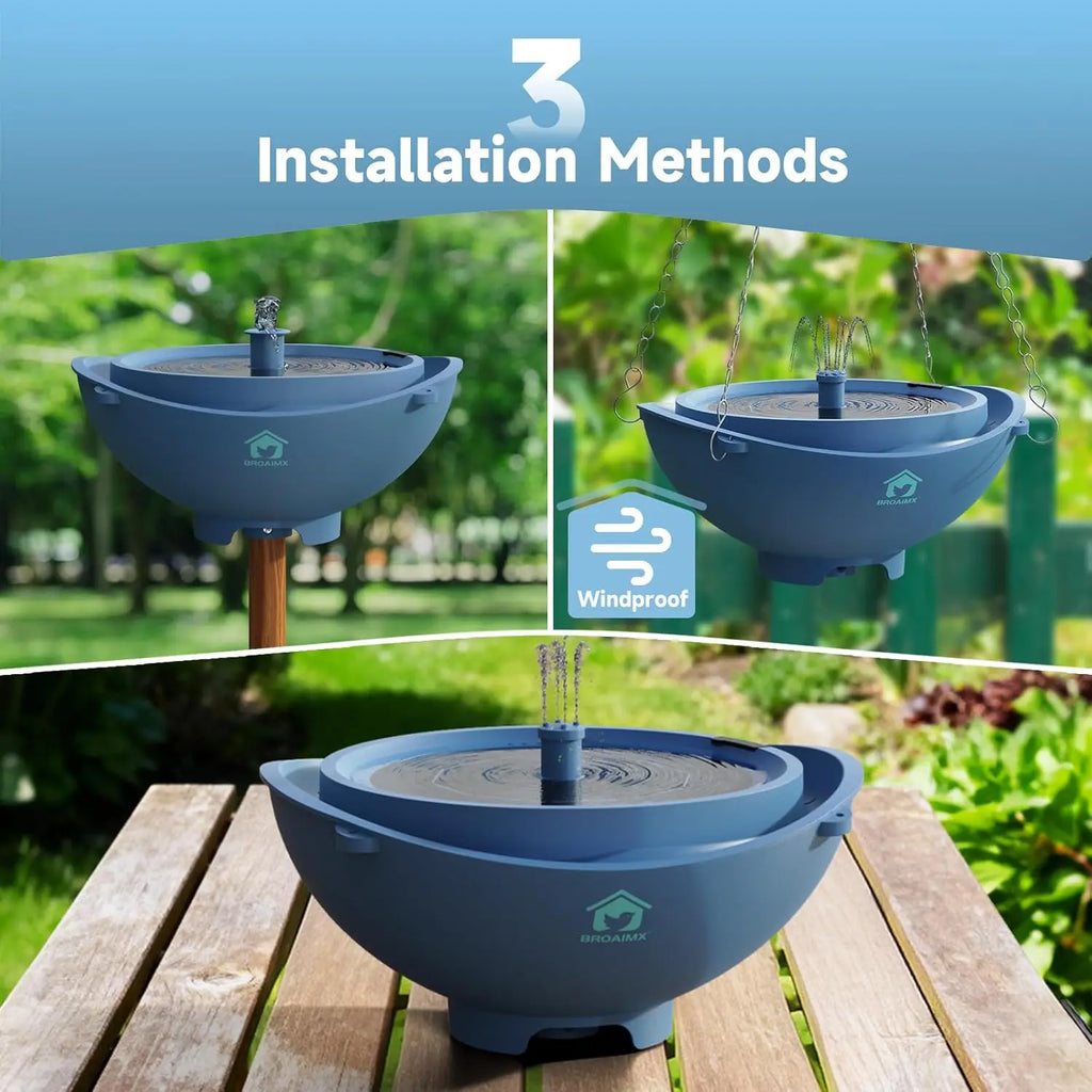 Solar Bird Bath Fountain with 3 Nozzles, Auto Low-Water Protection, Deep Blue - Garden Gift